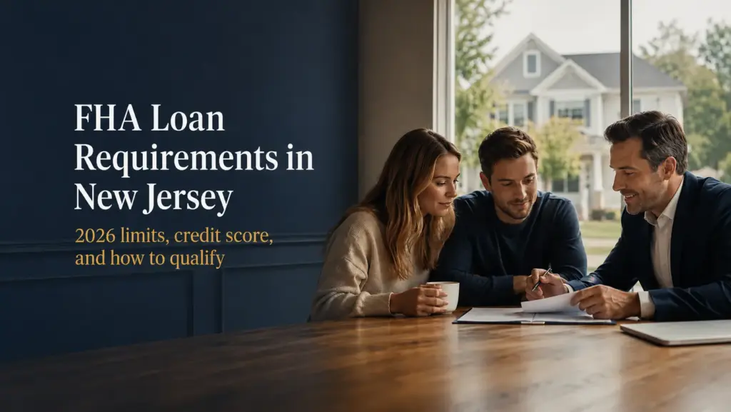 FHA Loan Requirements in New Jersey - a mortgage advisor reviewing paperwork with a young couple, suburban NJ home in the background