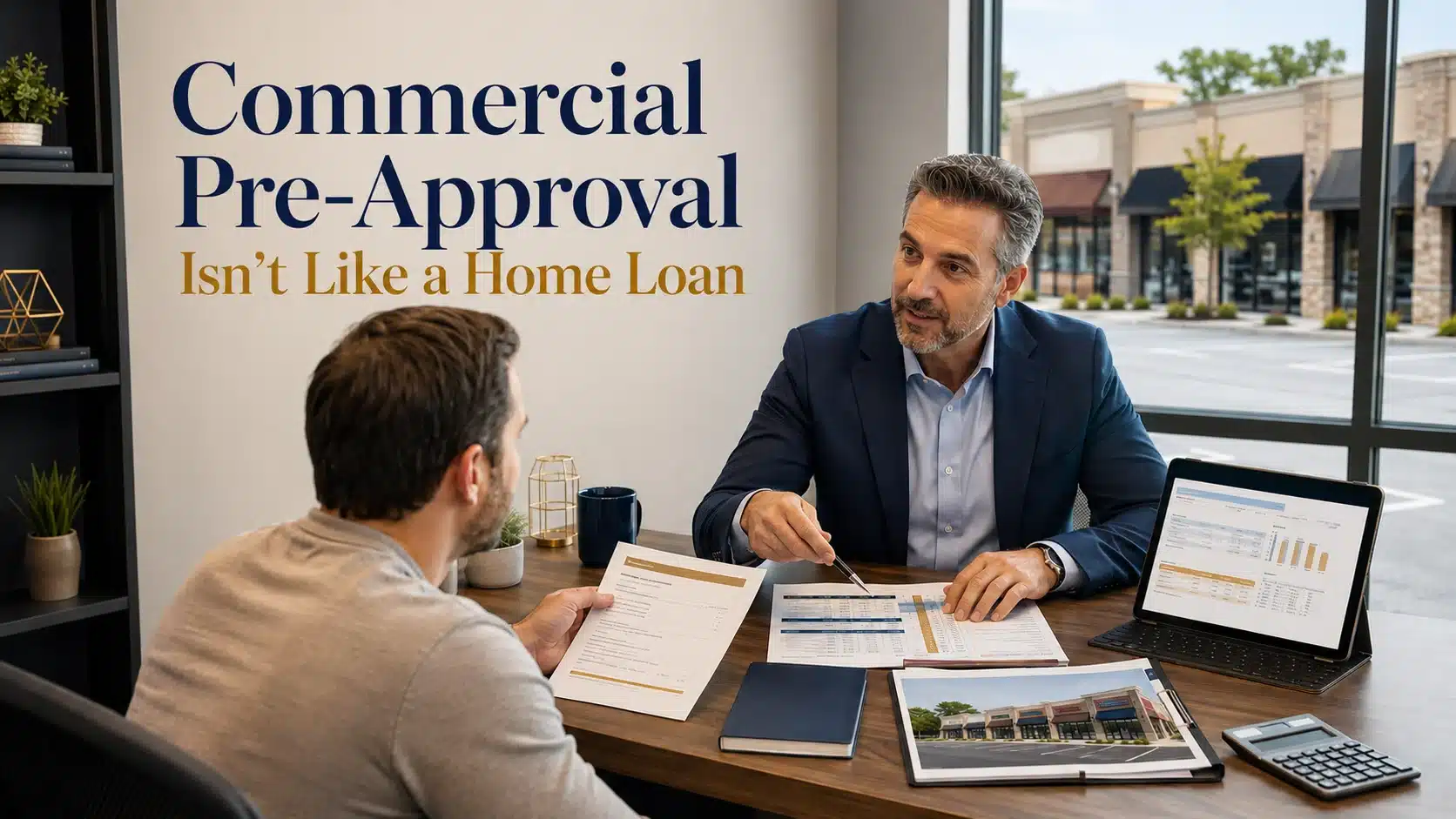 Loan officer reviewing commercial pre-approval documents with a client, office window overlooking a strip retail property