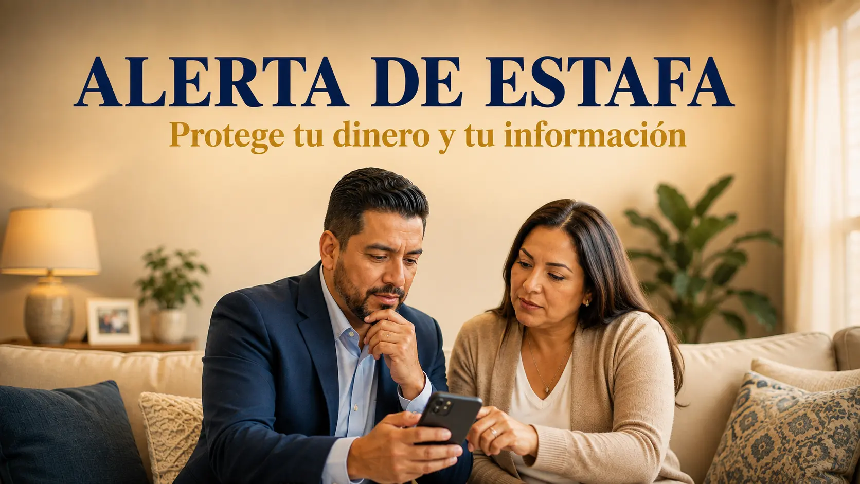 Familia hispana revisando documentos con precaución, protegiendo su información personal de una estafa de préstamo FHA