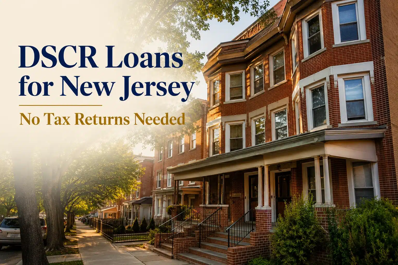 Loan advisor reviewing DSCR loan numbers with a client, New Jersey multi-family rowhouse street in the background