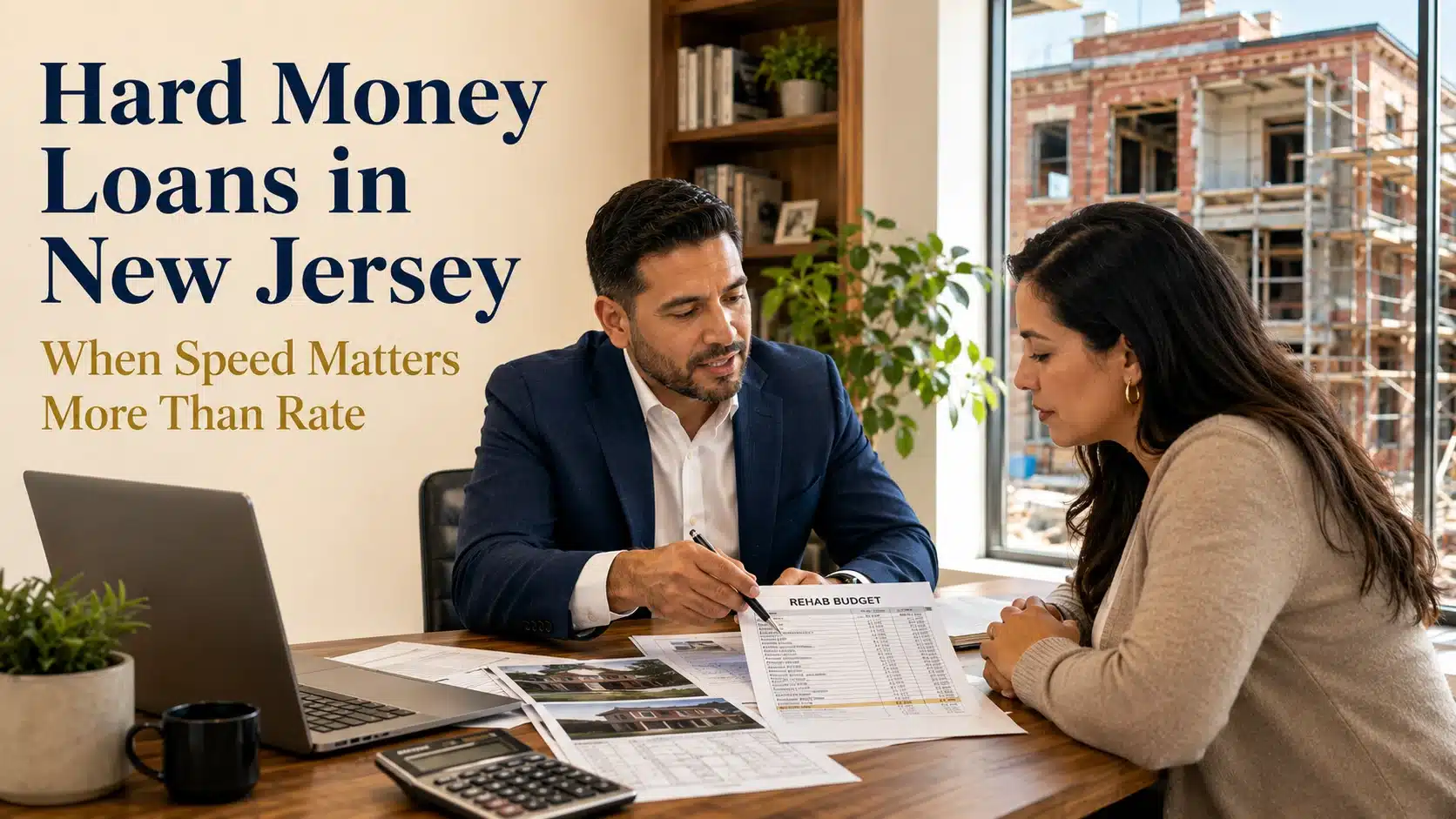 Loan advisor reviewing a rehab budget with a client for a hard money loan, New Jersey building under renovation visible outside the office window