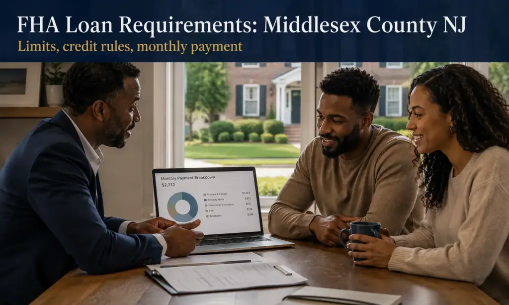 FHA Loan Requirements in Middlesex County NJ - a mortgage advisor showing a monthly payment breakdown on a laptop to a young couple