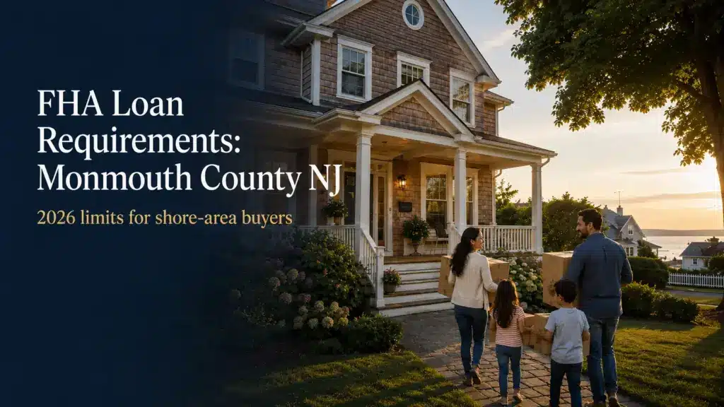 FHA Loan Requirements in Monmouth County NJ - a family carrying moving boxes to a cedar-shingle shore home at golden hour