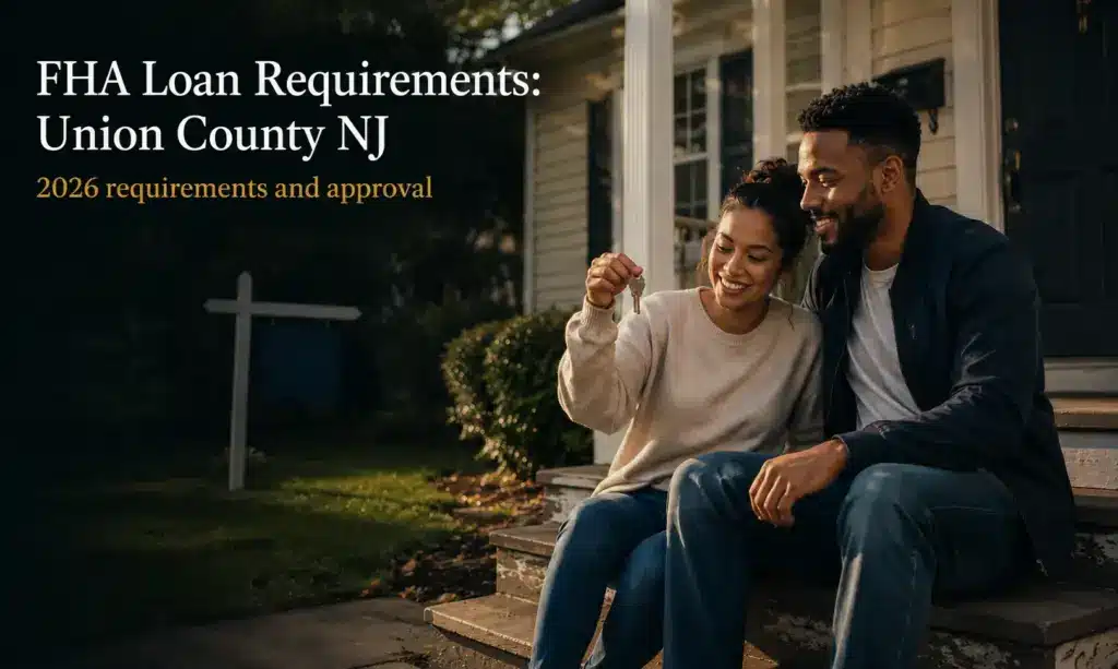 FHA Loan Requirements in Union County NJ - a couple on the front steps of an older colonial home holding house keys