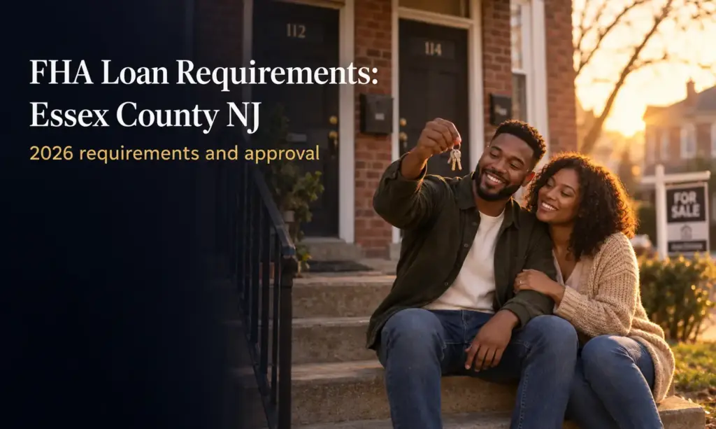 Couple holding house keys on the steps of a brick two-family home in Essex County NJ