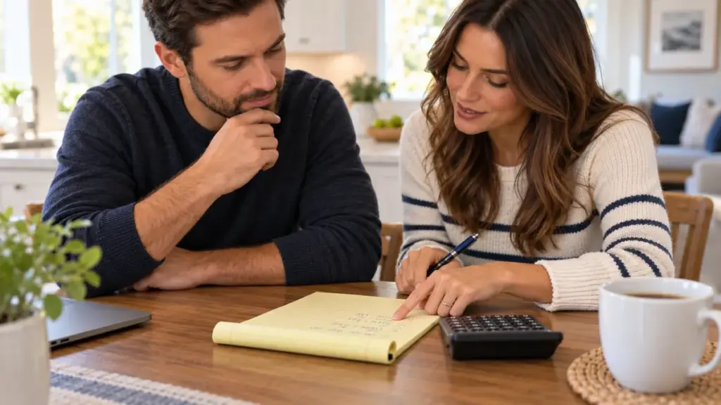 Couple working through the break-even math on a legal pad with a calculator to decide whether to buy mortgage points