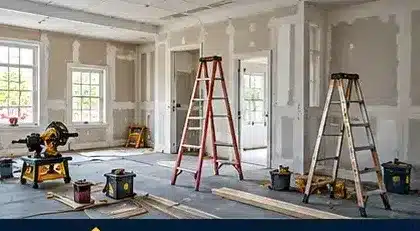 Interior rehab in progress with ladders and drywall