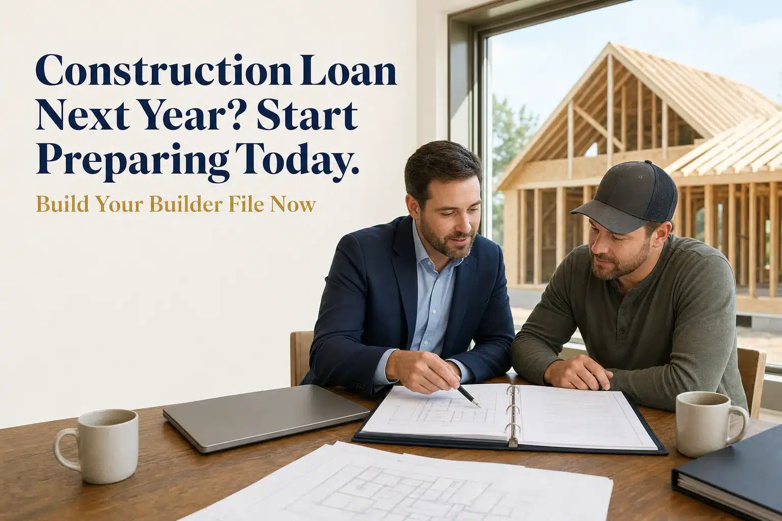 Construction Loan Next Year? Start Preparing Today. Loan officer and builder reviewing project binder