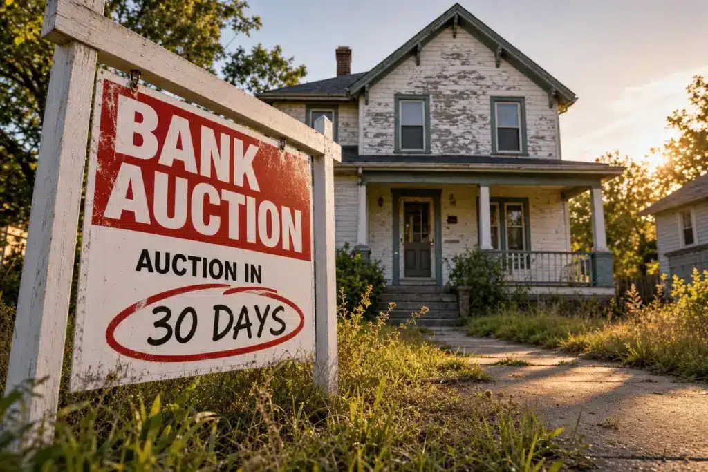 Bank auction sign reading auction in 30 days in front of a rundown New Jersey house at sunset