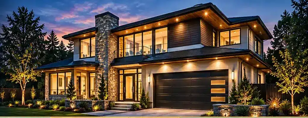 Newly built modern two-story home at dusk